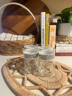 Set of 4 Juice Glasses with Brown and White Pyrex/ Corelle Woodland Pattern